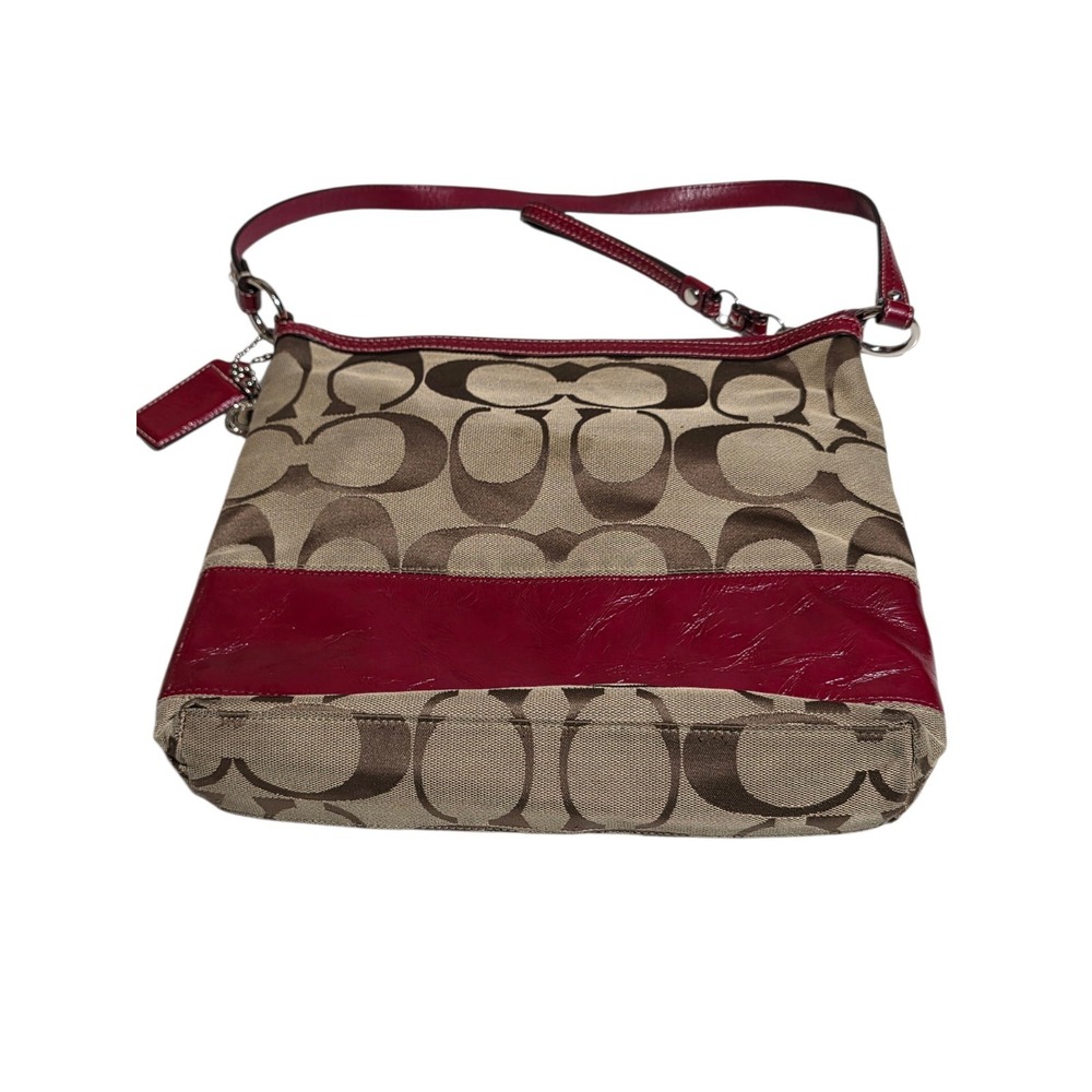 Coach Signature Canvas Shoulder Bag Red Leather Trim Zip Hobo Purse - Picture 2 of 10